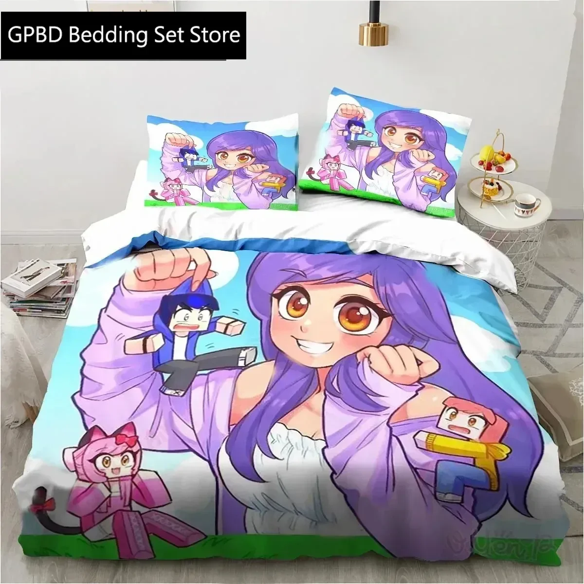 3D Cartoon Game Cute Aphmau with Wings Bedding Set Single Twin Double Queen King Cal King Size Bed Linen Set