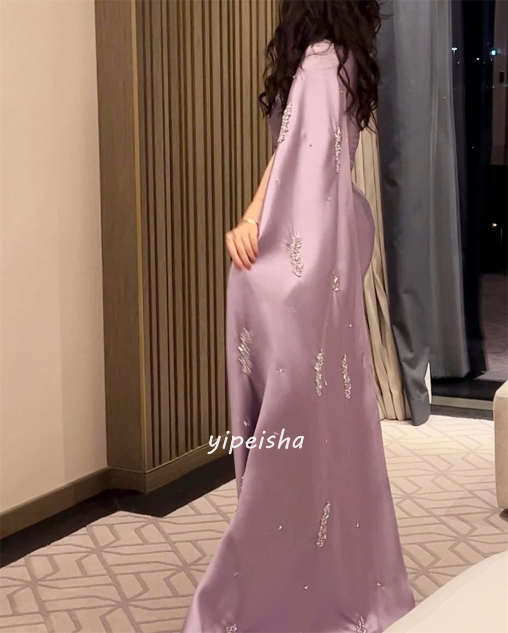 Customized Fashion Satin Sequined Ruched A-line One-shoulder Midi Dresses Evening Dresses Elegant Exquisite High Quality Sexy Sp