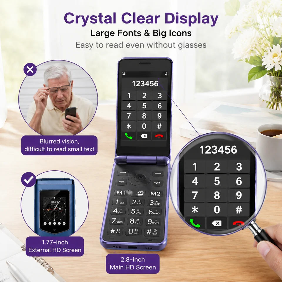 HAMTOD T8 4G Volte Flip Mobile Phone Dual SIM 2.8