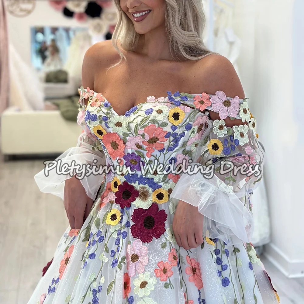 로맨틱 플로럴 오프숄더 A라인 웨딩드레스 탈부착 가능한 퍼프 슬리브 롱 프롬 가운 프린세스 스위트하트 튤 브라이덜 가운