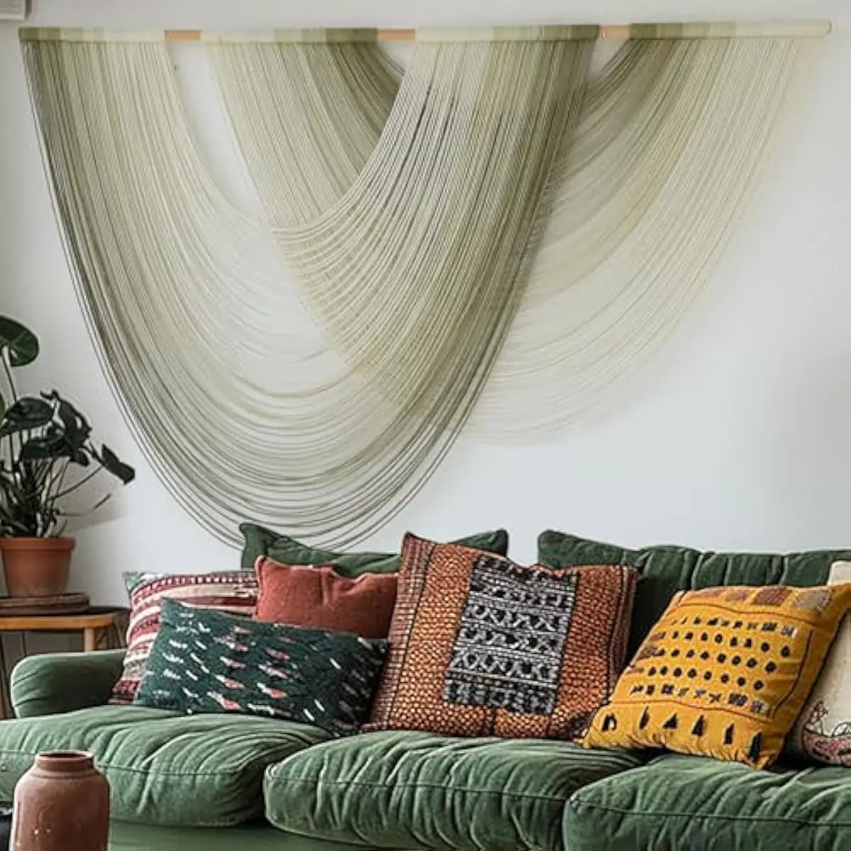 Macrame Wall Art Featuring Organic Cotton Rope Hand-Knotted in Fluid Double-Curve Form With Soft Moss Green Dip-Dyed Ombre Gradi