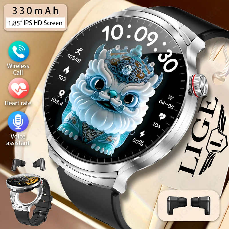 

LIGE New 2 in 1 Headphone Smart Watch Men 1.85” HD Big Screen Voice assistant Bluetooth Call Men’s Watches Waterproof Smartwatch