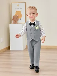 Baby Boy Clothes Suits 5PC Infant Gentleman Outfit Dress Shirt+Bowtie+Vest+Corsage+Pants  Toddler Boy Wedding Party Outfits