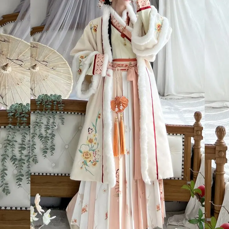

2026 Chinese New Year Winter Han Suit Made in Song Dynasty Women's Duel Front Long Coat Collar Pleated Skirt Daily Plush Set