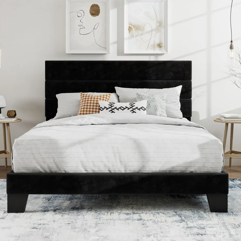 SHA CERLIN Queen Platform Bed Frame with Velvet Upholstered Headboard, Mattress Foundation with Strong Wooden Slats Support