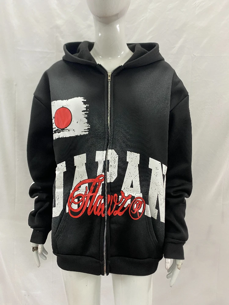 Amerikanischer langärmliger Kapuzenpullover mit Buchstabendruck, dunkle Gothic-Sportbekleidungsjacke, Straßenaufkleber, sprühbedruckte Kleidung