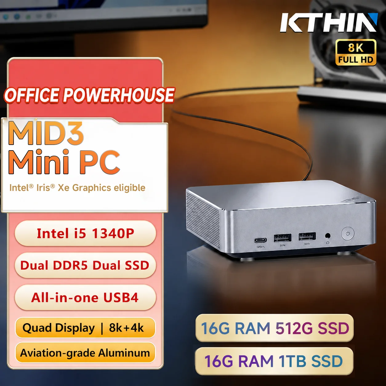KTHIN MID3 Mini PC Intel i5-1340P Gaming Desktop Dual DDR5 0+0 /16GB RAM 1TB SSD Compact Computer Windows11 Pro WiFi6E BT5.2