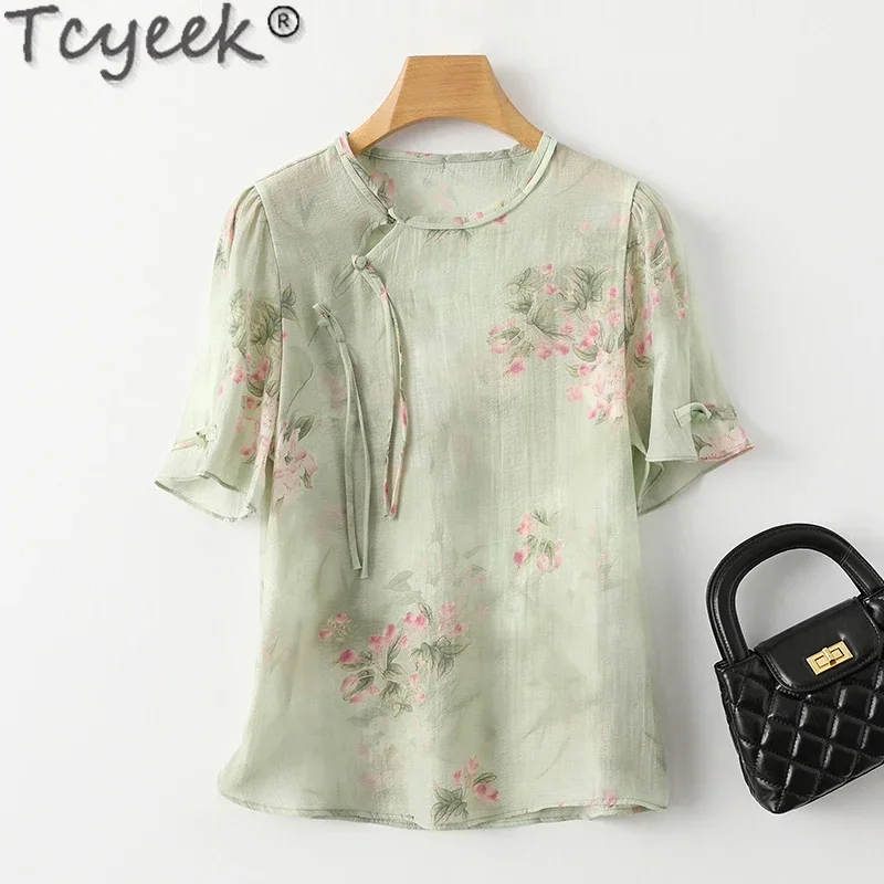 

Tcyeek 92% Mulberry Silk Women Blouse 2024 Elegant Women's Blouses Fashion Short Sleeve Top Summer Clothes Print Blusas De Mujer