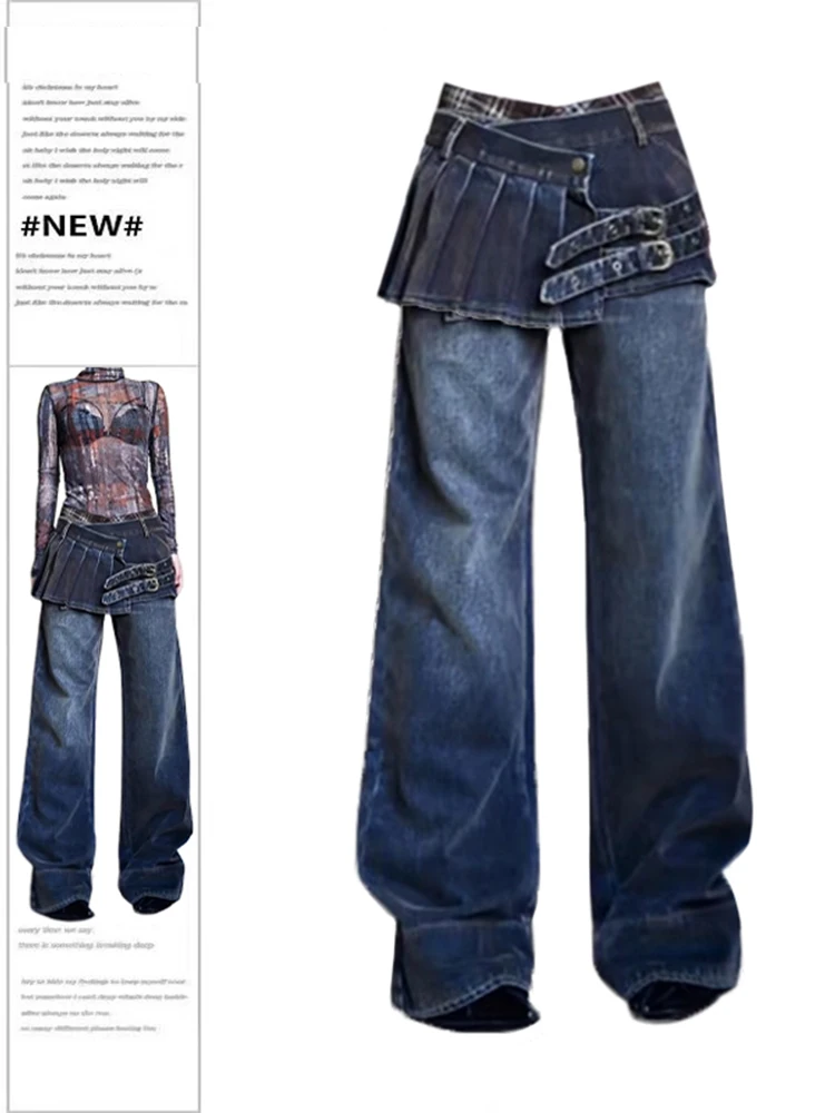 Dames Blauwe Y2k Rok Jeans Harajuku Oversize Denim Broek Japanse Jaren 2000 Stijl Baggy Jean Broek Trashy Vintage Kleding 2024