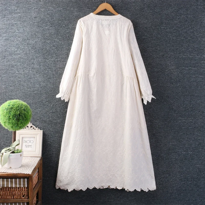 Women\'s Japanese Sweet Mori Girl Flower Embroidery Hollow Out Midi Dress, O-neck, Long Sleeve, Casual Loose Dresses, Spring