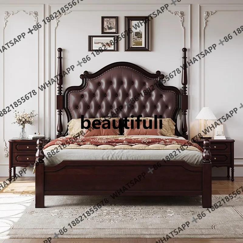 

Vintage solid wood bed, master bedroom upholstery, high-end double bed, high back, light luxury leather, storage bed