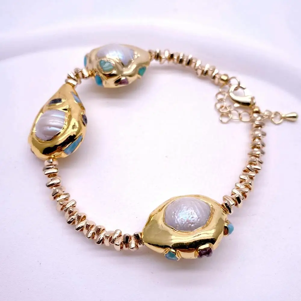 

KKGEM 20x23mm Blue Larimar Cultured white Baroque pearl Necklace Gold Plated Chain Simple Necklaces