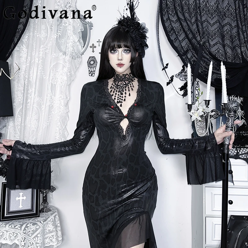 المرأة الجوف خارج سبليت فستان طويل هالوين القوطية نمط تكدرت الخامس الرقبة فستان الإناث الخريف القوطي تأثيري ازياء فستان