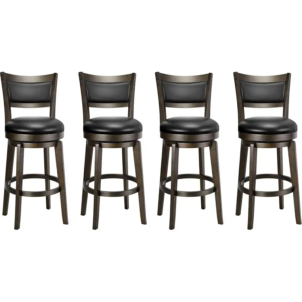 Swivel Bar Stools Set of 4 Counter Height Black Faux Leather High Back Ergonomic Kitchen Chairs 360 Degree Rotation Durable