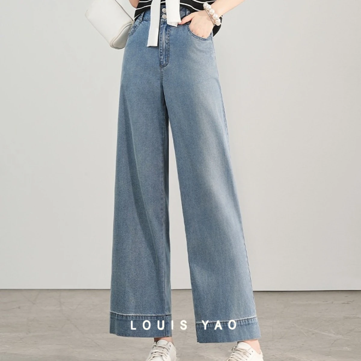 

LOUIS YAO Washed Water Jeans 2025 Summer Straight Leg Denim Trousers with Elegant Wide Waistband Design Ankle-length Pants