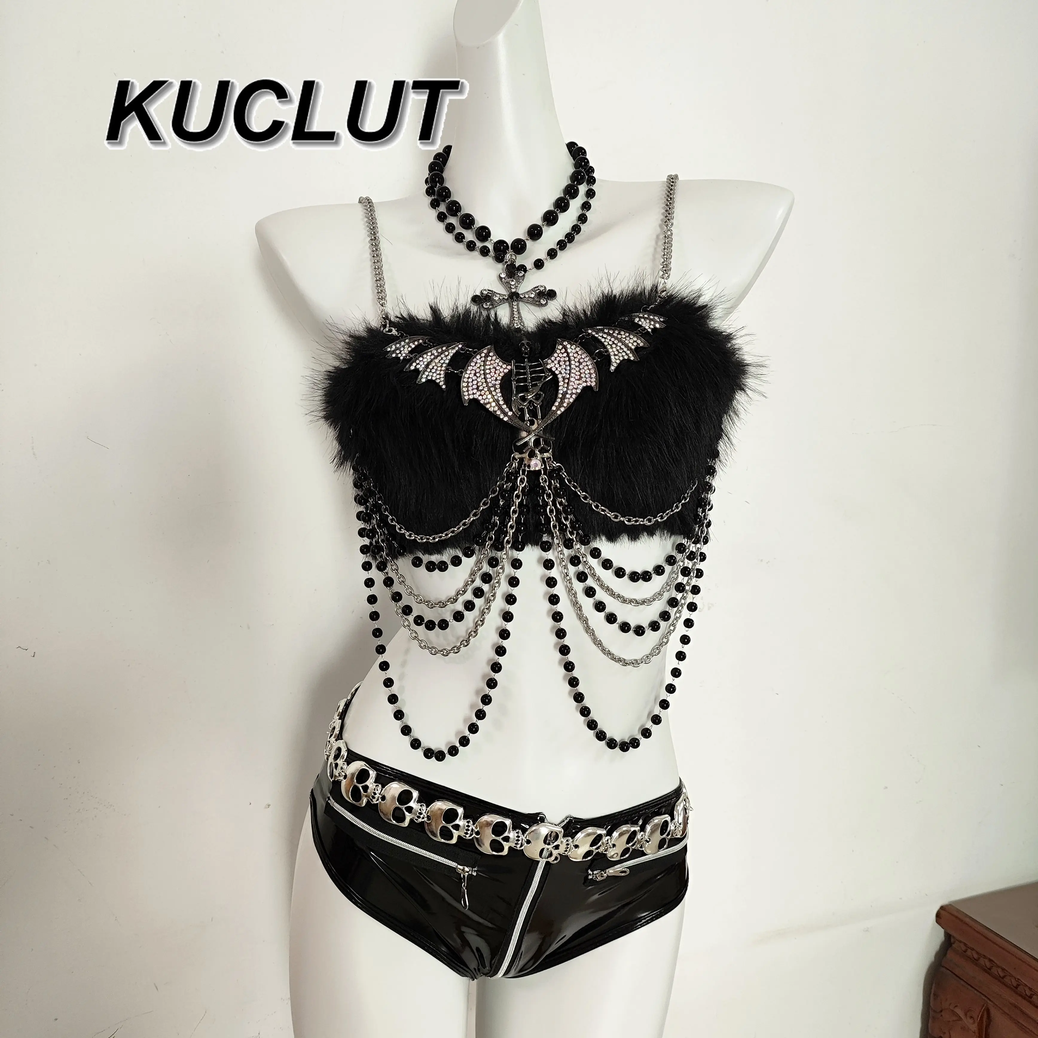 

Sexy Tube Top and Shorts Set Goth Punk Style Skull Chain Suspender Vest PU Leather Super Short Pants Women's Two Piece Sets