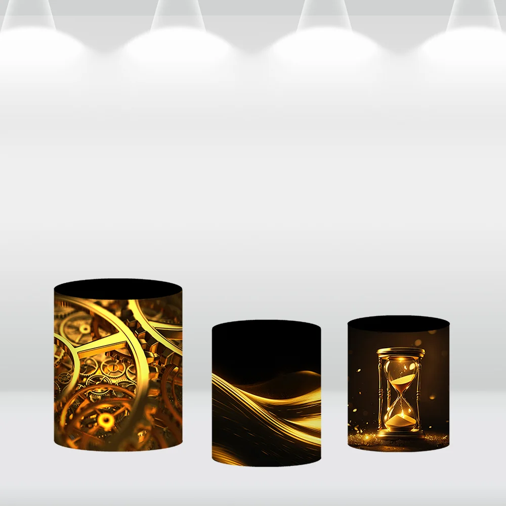 สุขสันต์วันปีใหม่ฉากหลังวงกลมกลมฝาครอบนาฬิกาสำหรับปาร์ตี้นาฬิกาสีดำและสีทองอุปกรณ์สำหรับถ่ายรูปวันเกิด