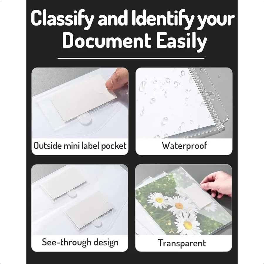 Tasca per raccoglitore Confezione da 24 tasche per raccoglitore in polietilene pesante con chiusura stretta Cartelle per raccoglitore Carico laterale Tasca per raccoglitore a 3 anelli