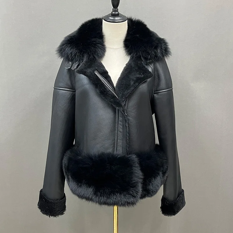 Shearing Real Sheepskin Leather Jackets Lady Short Coat Real Fox Fur Collar Cuffs Fur Lining 2022 New Winter Warm Overcoats 7421