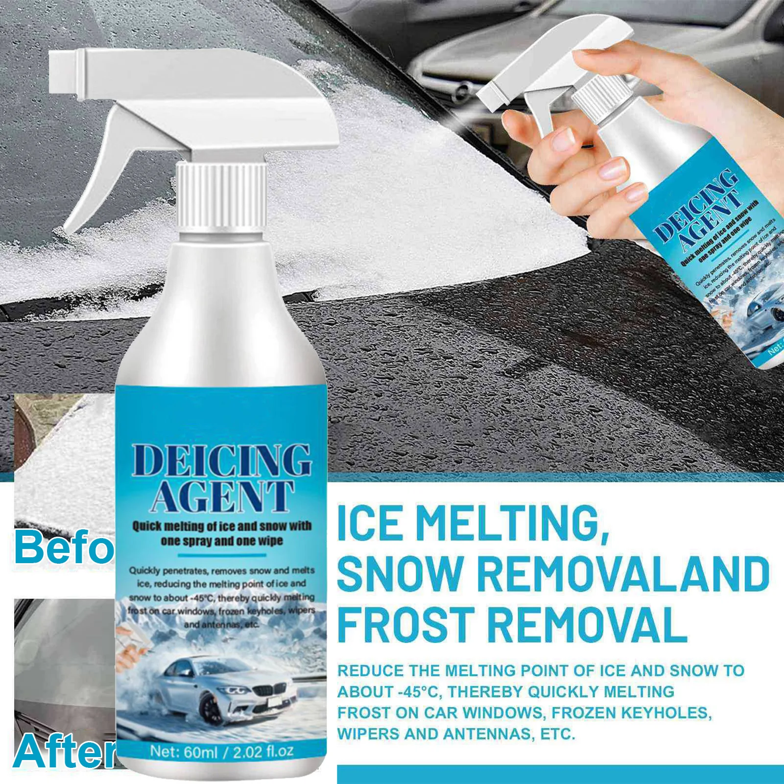 Automotive Glass Deicing Agent Auto Defroster Ice Melt Spray Winter Accessories Windshield Ice Removal Spray Auto Defrosting