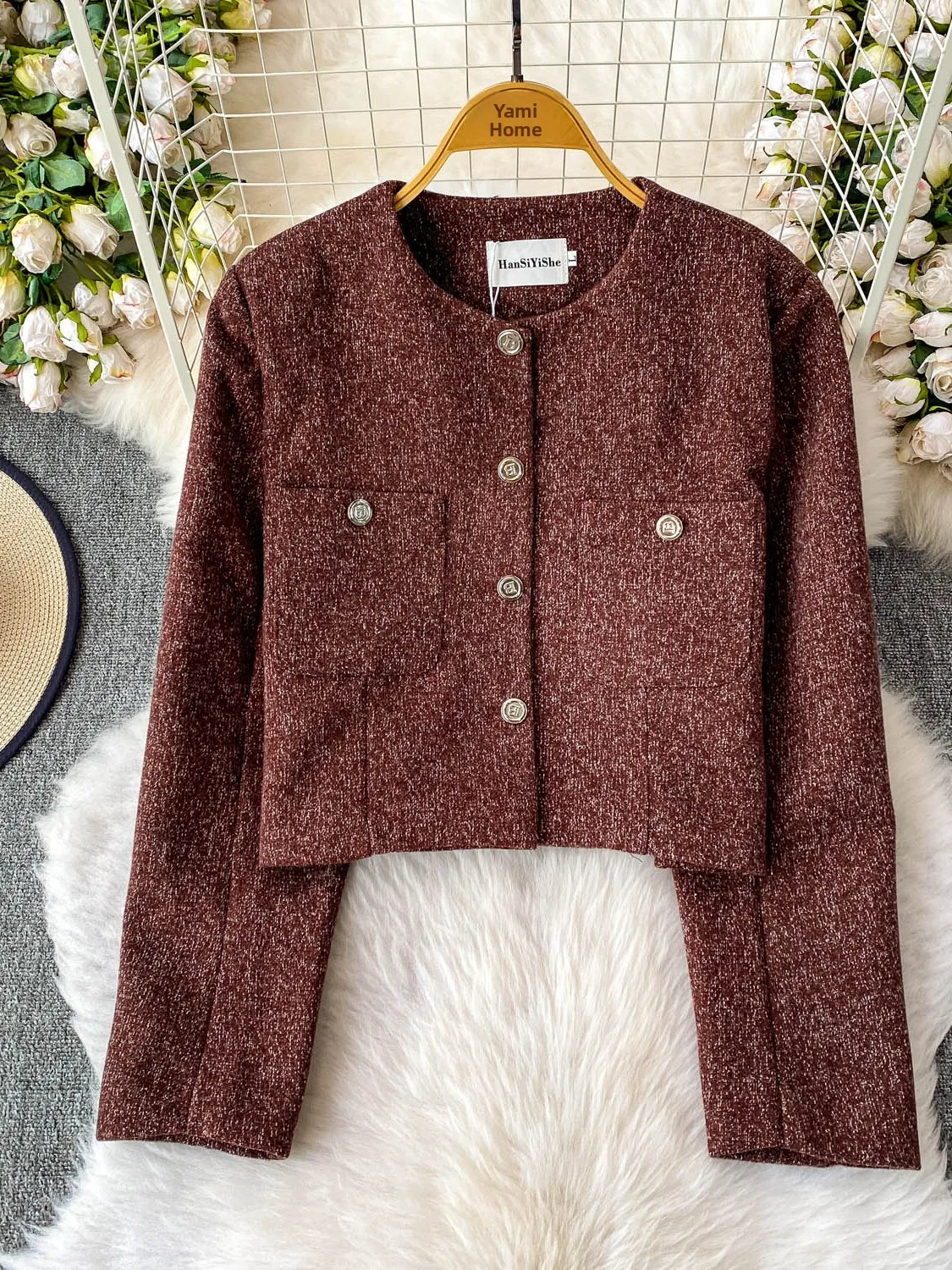 우아한 숏 코트 여성용 긴팔 두꺼운 트위드 라운드넥 버튼 탑 출퇴근룩 루즈핏 따뜻한 젊은 감각 가을 겨울