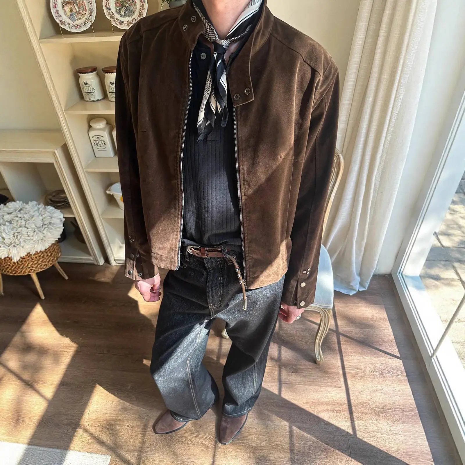 Kurtka męska 2025 Jesień Zima Kurtka z zamszu Retro Niszowa Ekskluzywna Vintage Stójka Zapinana na zamek Odzież wierzchnia