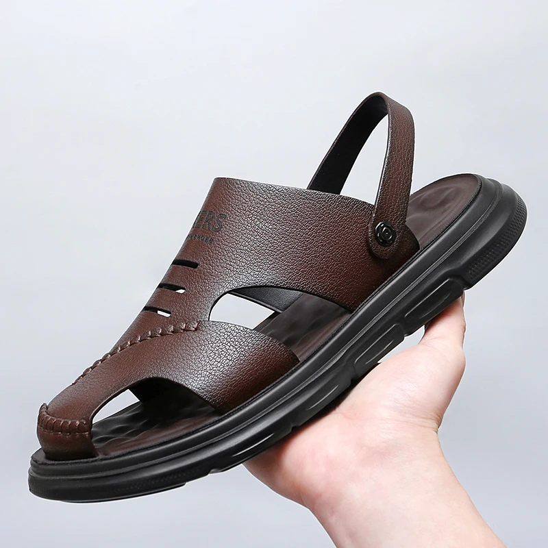 Mens Leather Sandals Summer Classic Mens Slippers Soft Sandals Fashion Casual Comfortable Outdoor Beach Walking Shoes