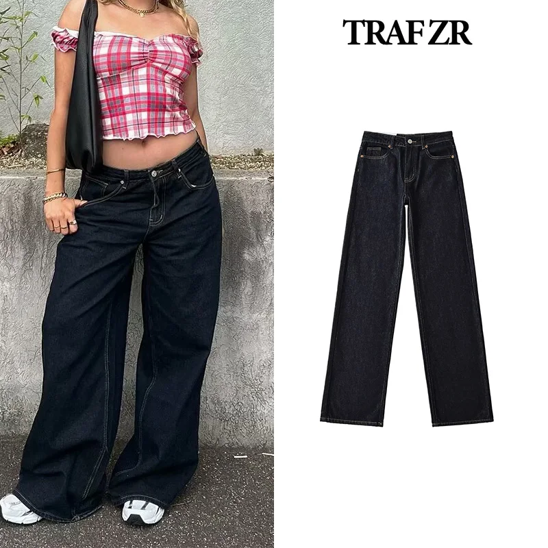 TRAF ZR Baggy Pants for Women Black Jeans Ladies Fashion Newjeans Mid Waisted Denim Pants Basics Vintage Autumn Street Jean