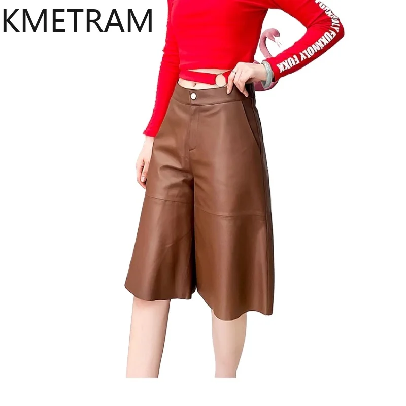 KMETRAM Real Sheepskin Genuine Leather Pants Womens Autumn Clothes Women Fashion High Waist Pants Knee Length Pants Карго 2024