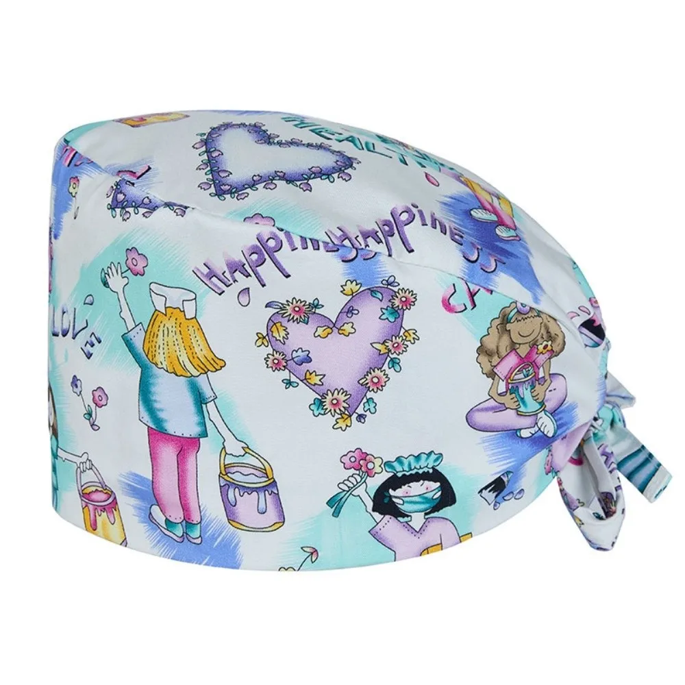 Unisex Cartoon Printing Scrub Cap Adjustable Buckle Print Design Nursing Cap Pure Breathable Soft Healthcare Hats Operating Room