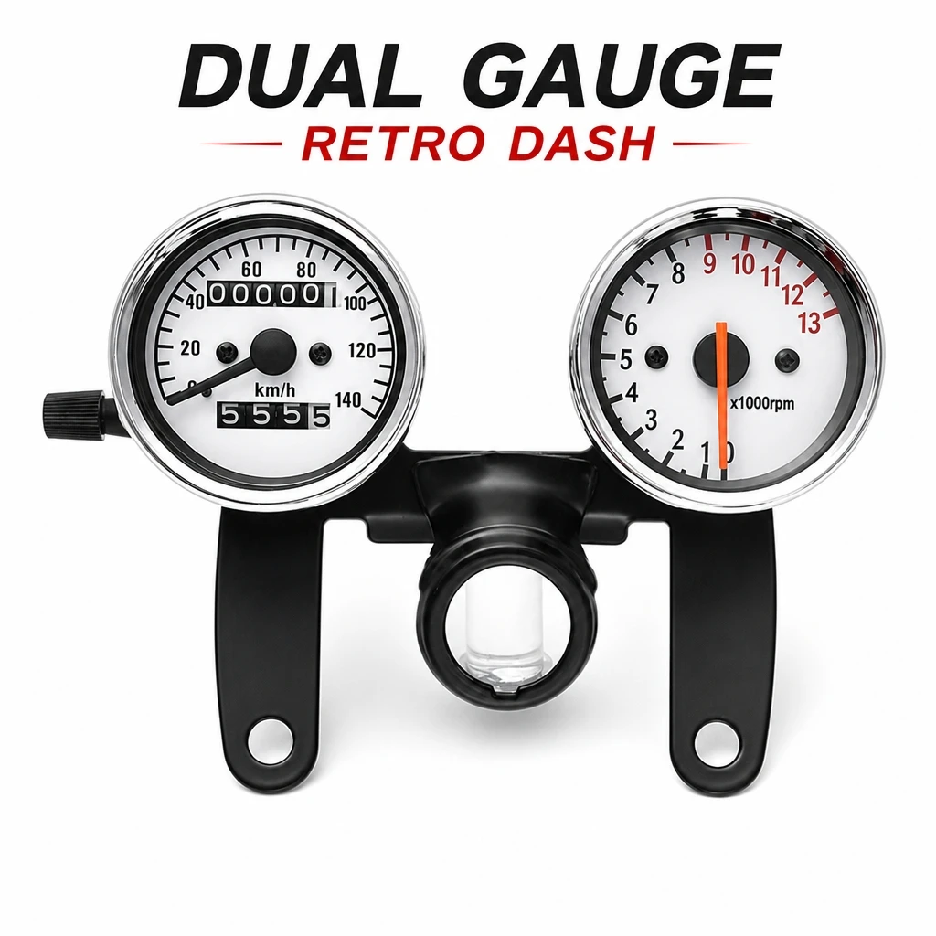 Motorcycle Retro Dual Gauge Speedometer Odometer Tachometer Set 12V 0‑140KM H 0‑13000RPM Meter With Mount Bracket