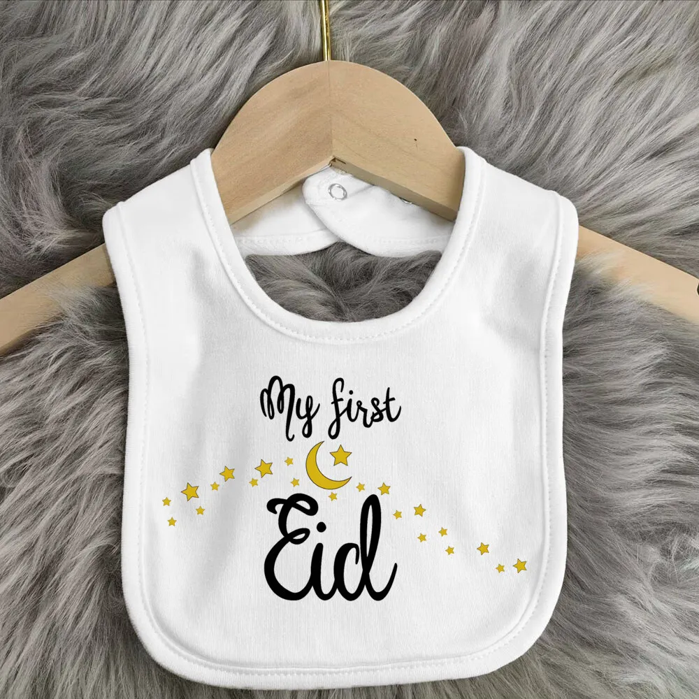 Celemek bayi My First Lebaran cetak bayi Bib anak laki-laki perempuan kain sendawa baru lahir 1sy hadiah mandi Lebaran balita putih katun celemek makan