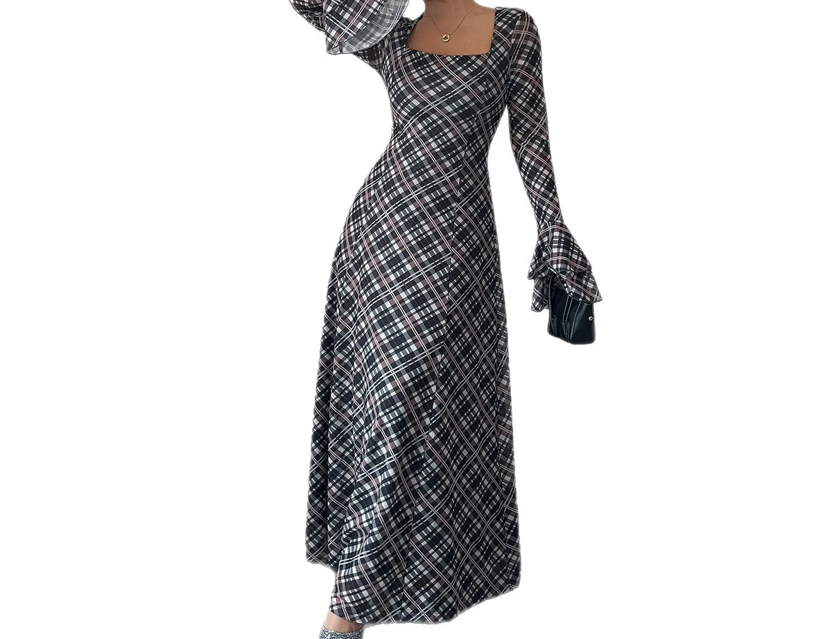 قميص منقوش أنيق بأكمام واسعة وتنورة معانقة الورك فستان نسائي لخريف وشتاء 2025 #5