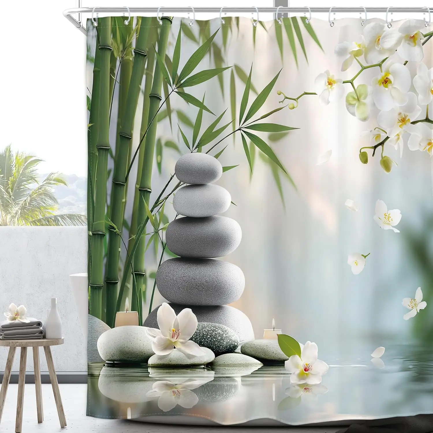 Zen Stone Meditation Shower Curtain Green Bamboo White Orchid Spa Meditation Inspirational Positive Spa Relaxing Candle Botany