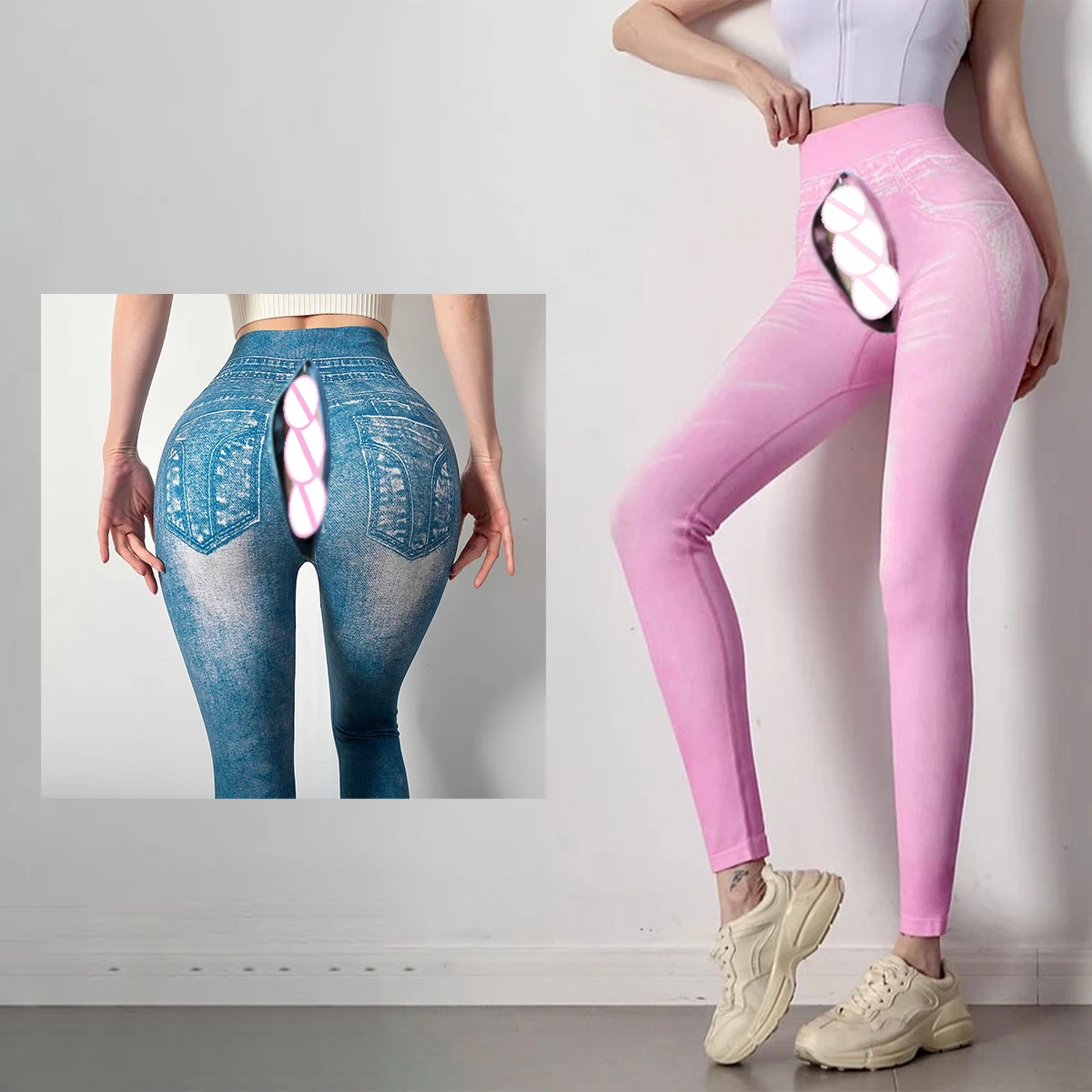 Open Crotch Outdoor Sex Pants Faux Jeans Women Print Slim Fit Peach Hip Push Up Leggings Stretch Sport Gym Running Sexy Trousers