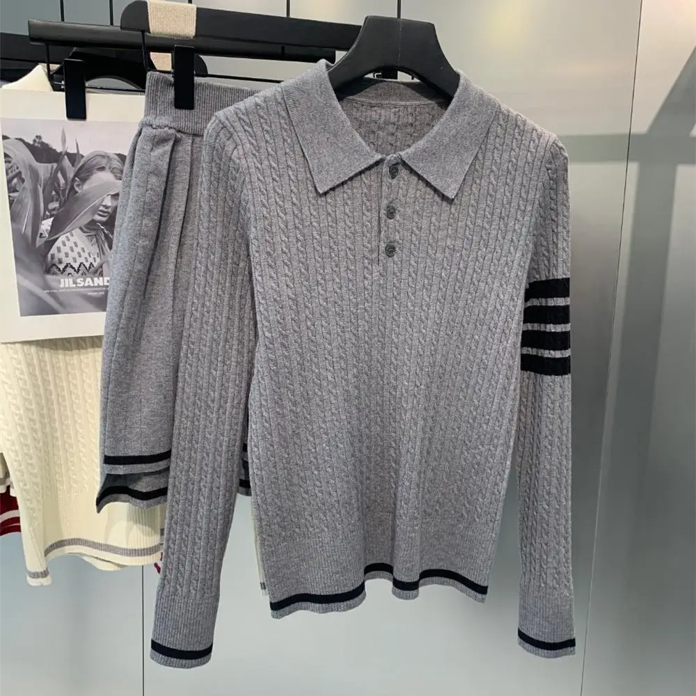 Zestaw dla kobiet: elegancki sweter z dzianiny z wzorem w warkocze i spódnica w stylu poodle, idealny na wiosnę, modny, w stylu college, spódnica do kostek.
