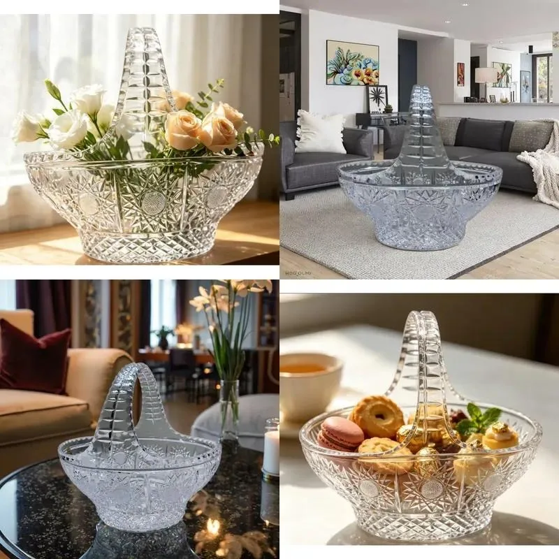 Hand-cut 24% lead oxide crystal flower and fruit basket luxury gift basket, suitable for wedding table ornaments, family