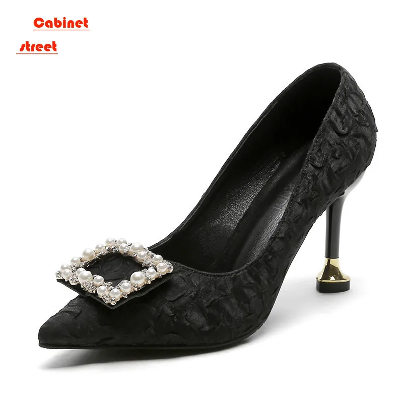 

2024 New Pointy Stiletto High Heels Small Size Plus Size Square Buckle Pearl Shallow Mouth Women's Single Women Pumps Shoes