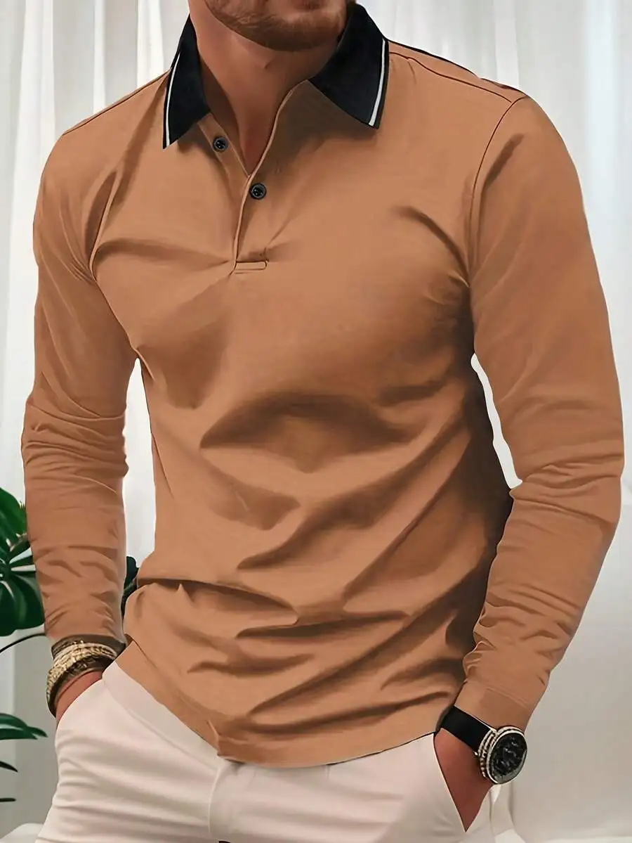

Men's Long Sleeve Solid Color Polo Shirt with Contrast Collar, Casual Fall Spring Wear