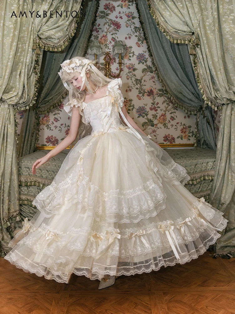 Abiti da sera Lolita eleganti di lusso leggeri Abito da compleanno per donna Abito da tutù in rete lunga sottile JSK con volant dolce stile fata