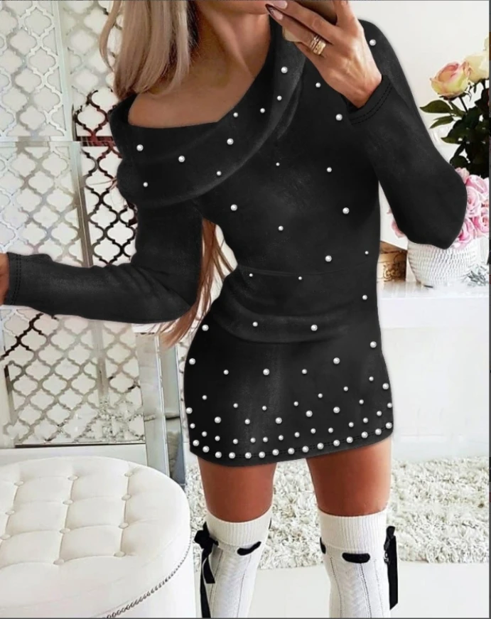 

Velvet Beaded Funnel Neck Casual Dress