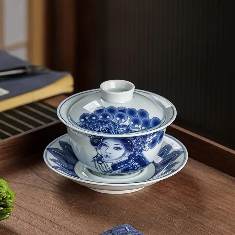 

Jingdezhen Blue and White Porcelain Gaiwan Retro Vintage Mud Cover Bowl Handmade Peking Opera Makeup Hua Dan