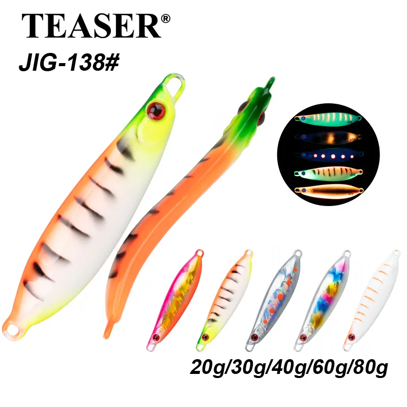 TEASER J138 20g 30g 40g 60g 80g lange casting angeln metall jigging locken s form harte leuchtende jigbait salzwasser jigging locken