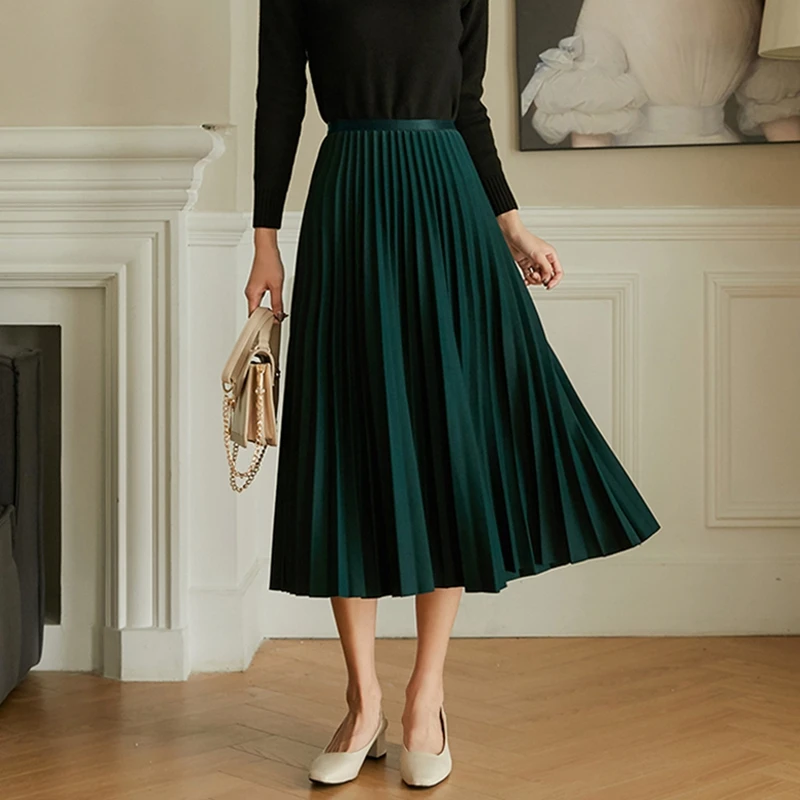 Pleated Skirt Elegant Elastic High Waist A-LINE Office Ladies Work Midi Long Skirt Black Green Grey Autumn Winter Women's Skirt