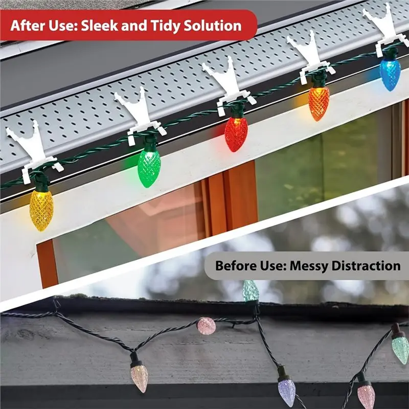 B50C Light Clips For Gutter Guards- Tool-Free Install, 50Pcs Outdoor Christmas String Light Hangers, Roof Line Hooks Included