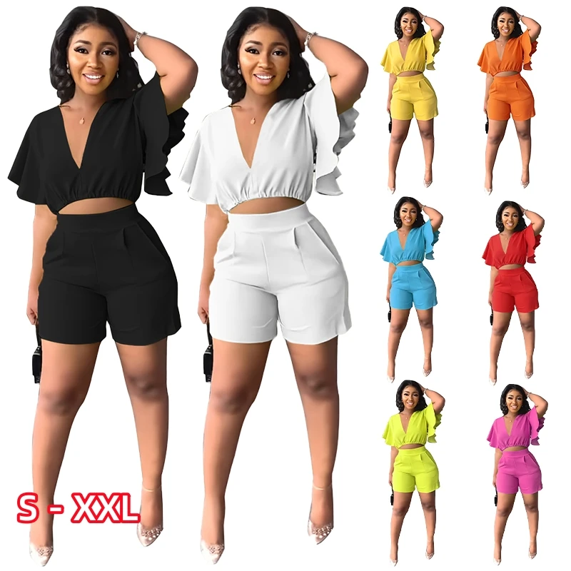 2023 Summer Fashion Two Piece Set Women Sexy V Neck Ruffles Sleeve Crop Top & Pockets Shorts Suit Street Solid Tracksuit Suits