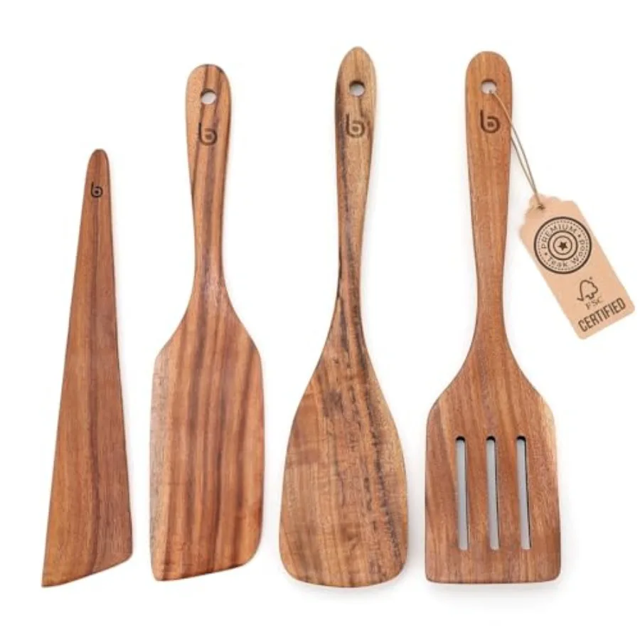 

Professional 4-Piece Teak Wood Spurtle Set for Cooking Precision-Crafted Wooden Utensil Set with Slotted Turner Frying Spatula