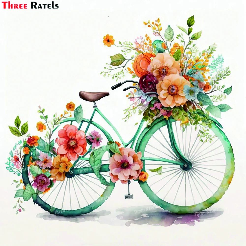Three Ratels K919 Watercolor Boho Bicycle Floral Wall Sticker Tiled Kitchen Bathroom Wall Art Decals