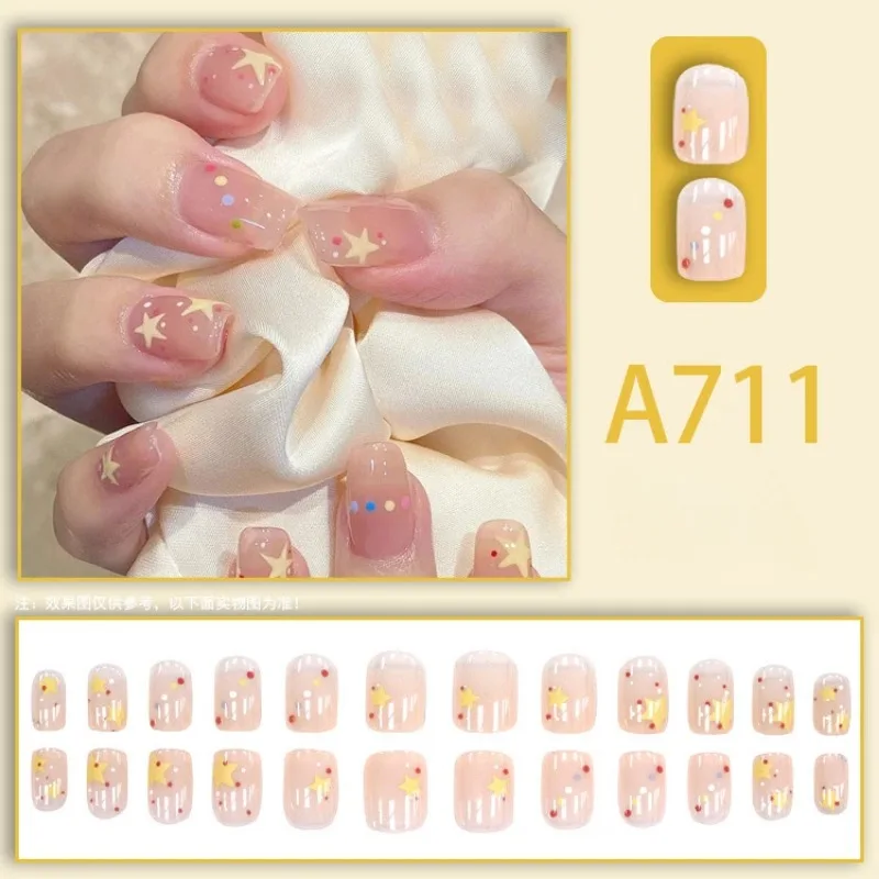 24pcs Ins Style Tender 0Nail Art Wearable Nails French Line Halo False Nails Press on Removable Short Fake Nails with Glue