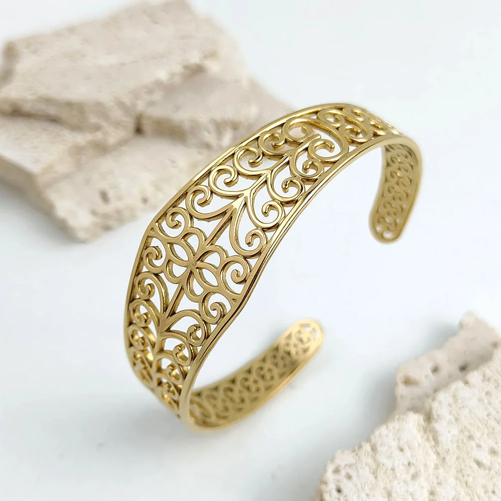 أساور جديدة منحوتة على شكل زهرة، أساور نسائية أنيقة من الفولاذ المقاوم للصدأ مخصصة، مجوهرات قديمة، تصميم مفتوح، هدايا للنساء #4